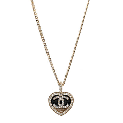 Chanel Resin Crystal Glitter CC Heart Necklace Black Gold 1 of 6