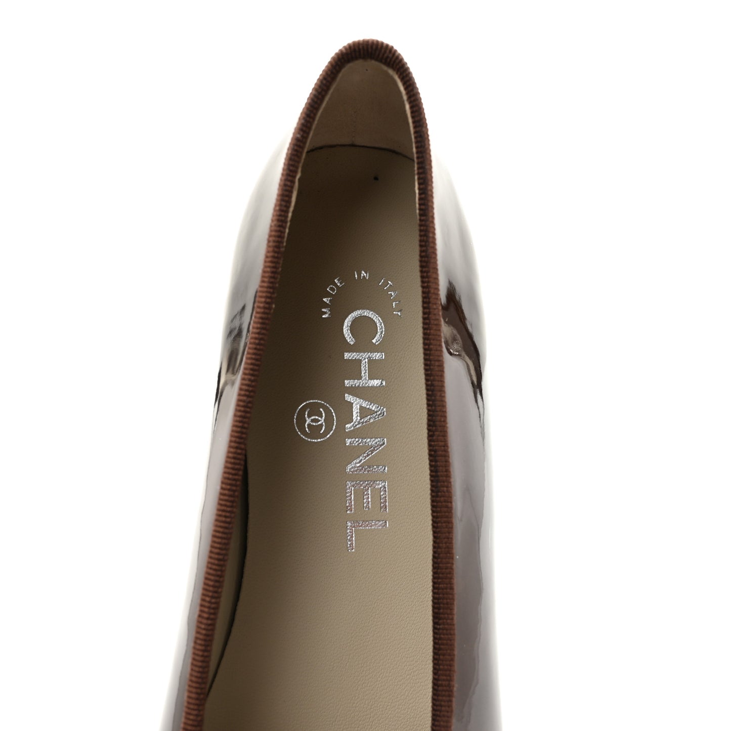 Patent Calfskin CC Cap Toe Ballerina Flats 38 Brown Blue