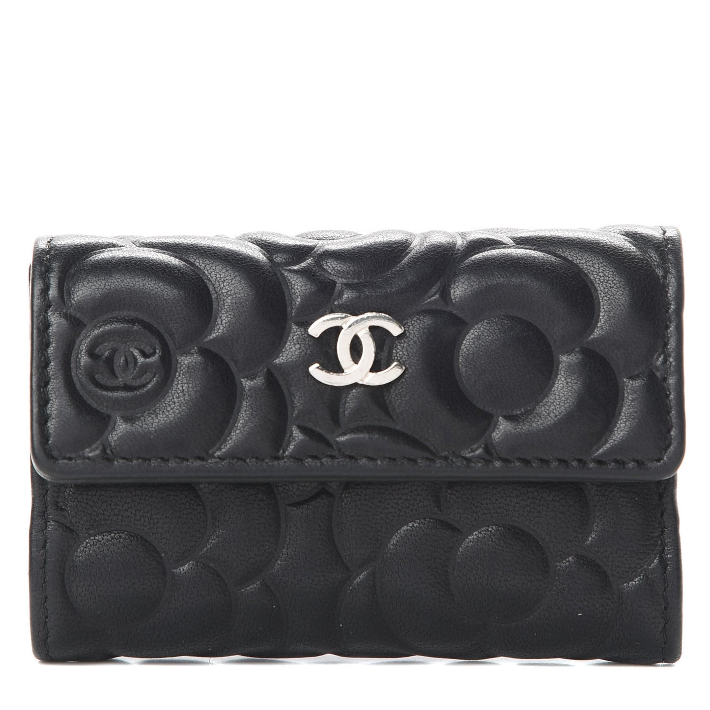 Goatskin Camellia Embossed 4 Key Holder Black