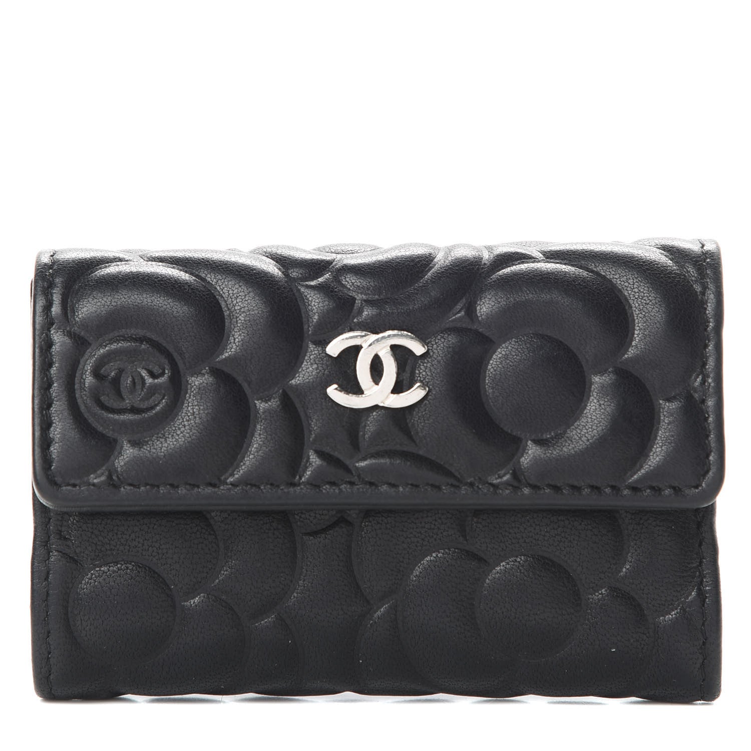 Chanel Goatskin Camellia Embossed 4 Key Holder Black 1 of 11