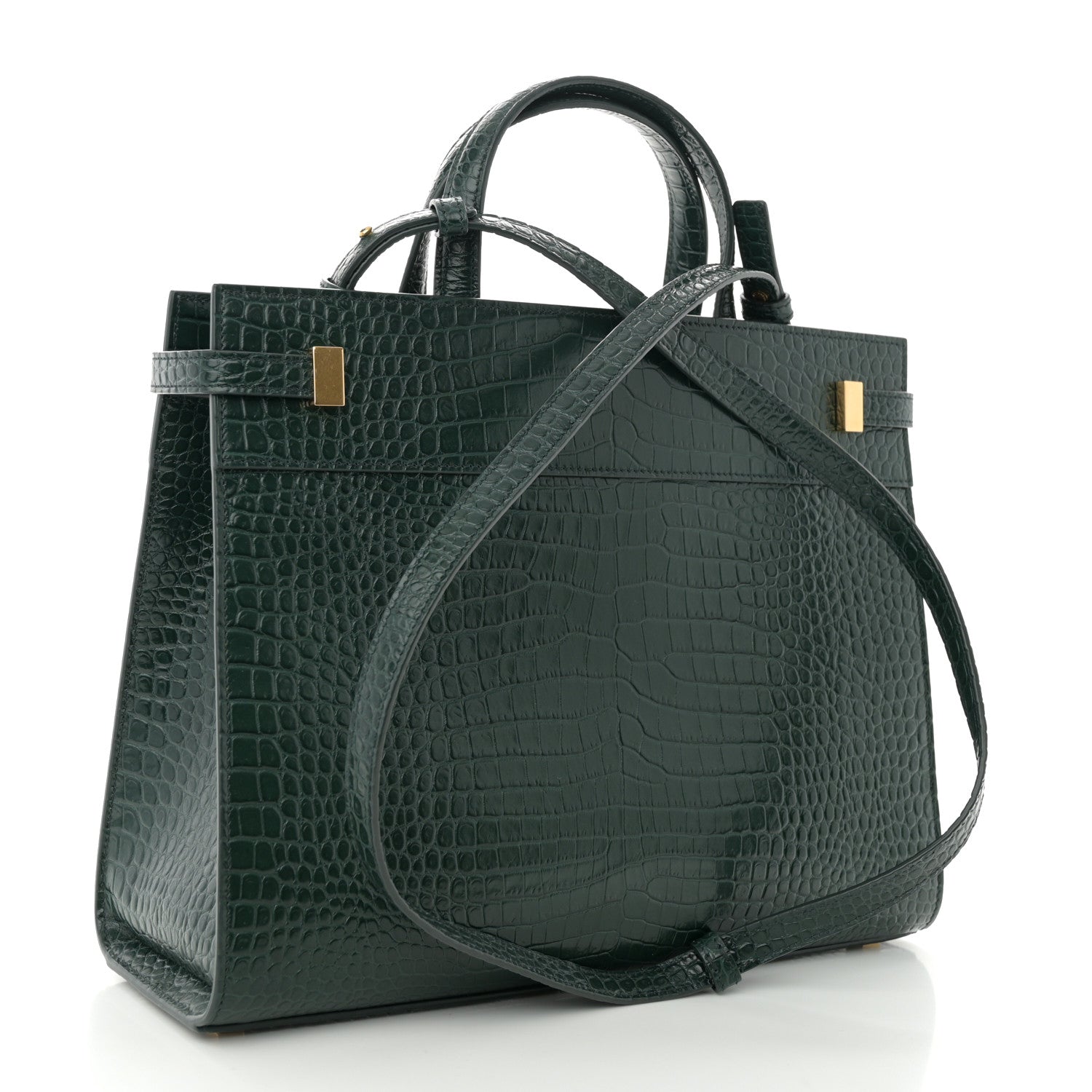 Saint Laurent Shiny Calfskin Crocodile Embossed Small Manhattan Shopper Tote Green 3 of 9
