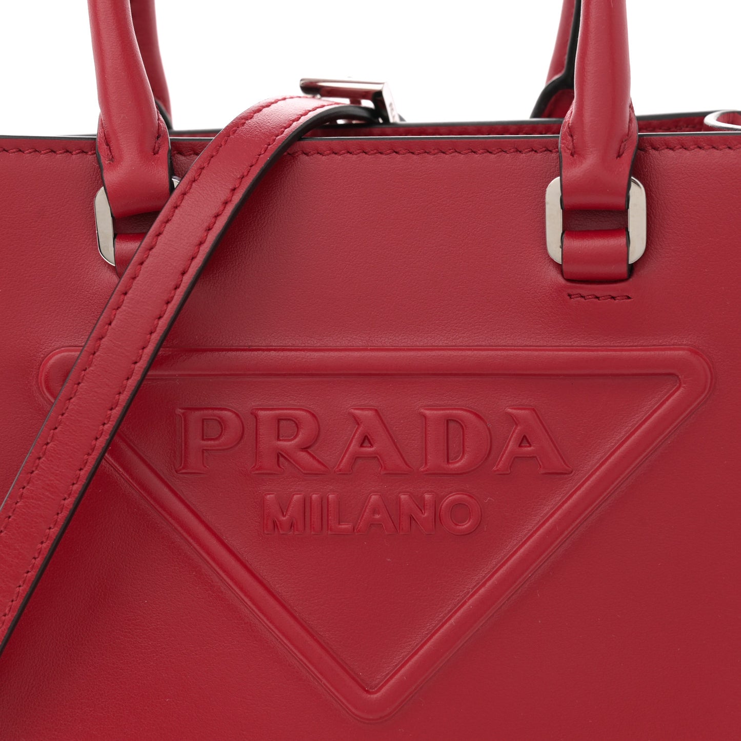 Soft Calfskin Triangle Logo Embossed Small Double Handle Crossbody Tote Rosso