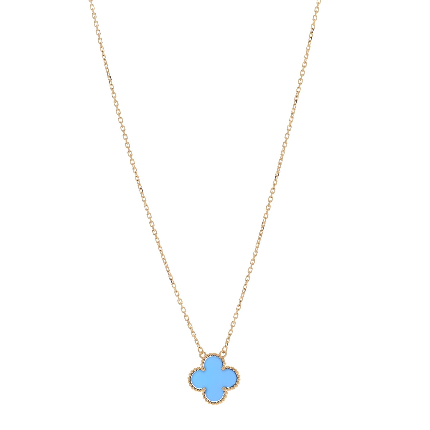 18K Yellow Gold Blue Agate Vintage Alhambra Pendant Necklace