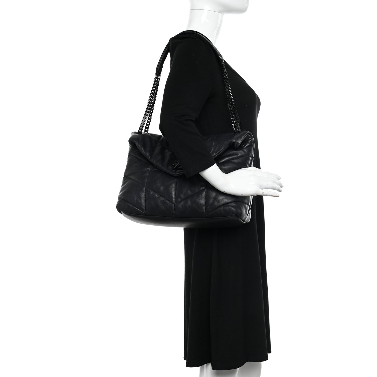 Lambskin Quilted Monogram Monochrome Medium Loulou Puffer Chain Satchel Black