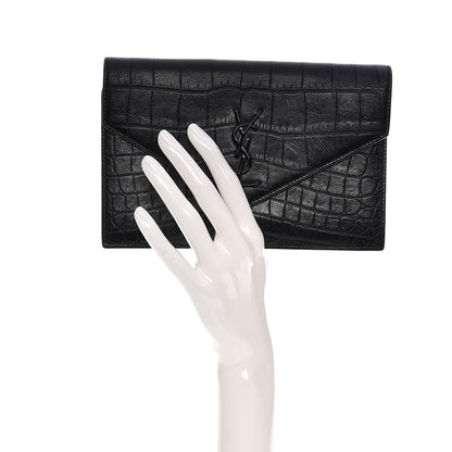 Saint Laurent Calfskin Crocodile Embossed Monogram Chain Wallet Black 2 of 8