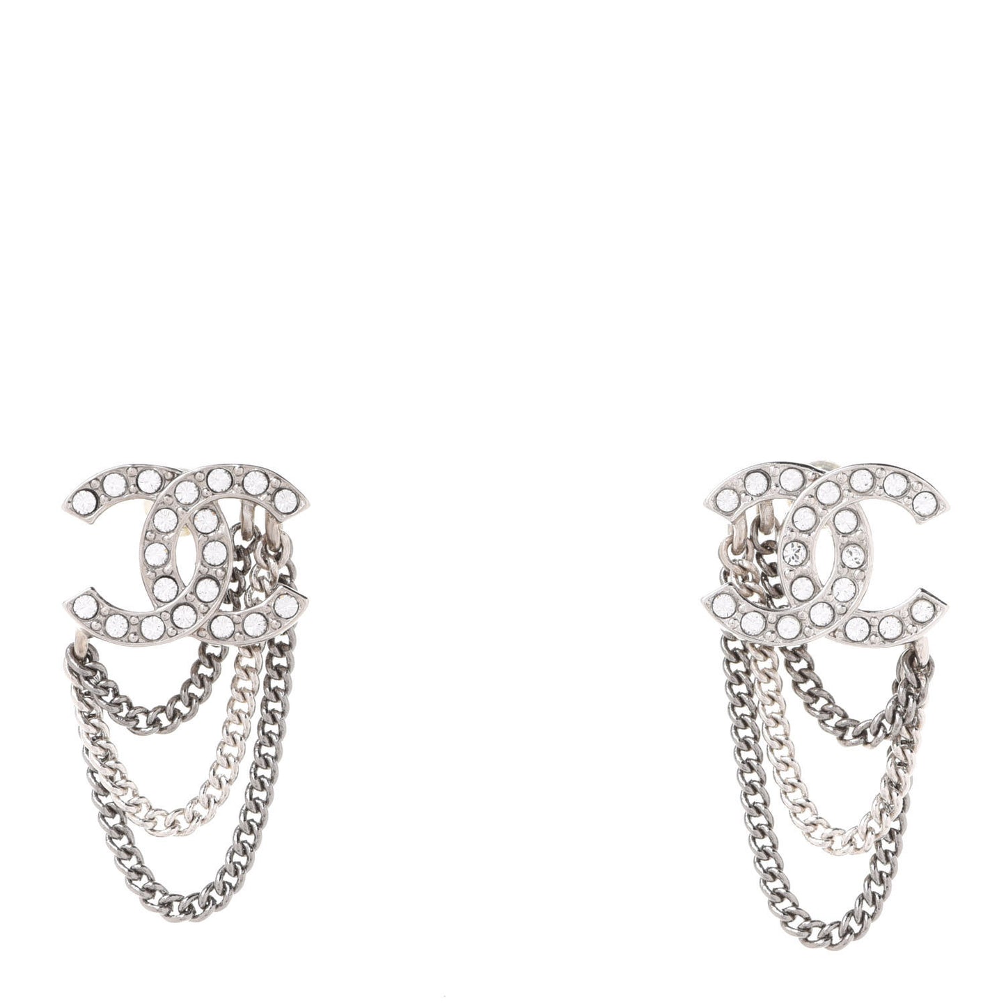 Crystal Chain CC Earrings Silver