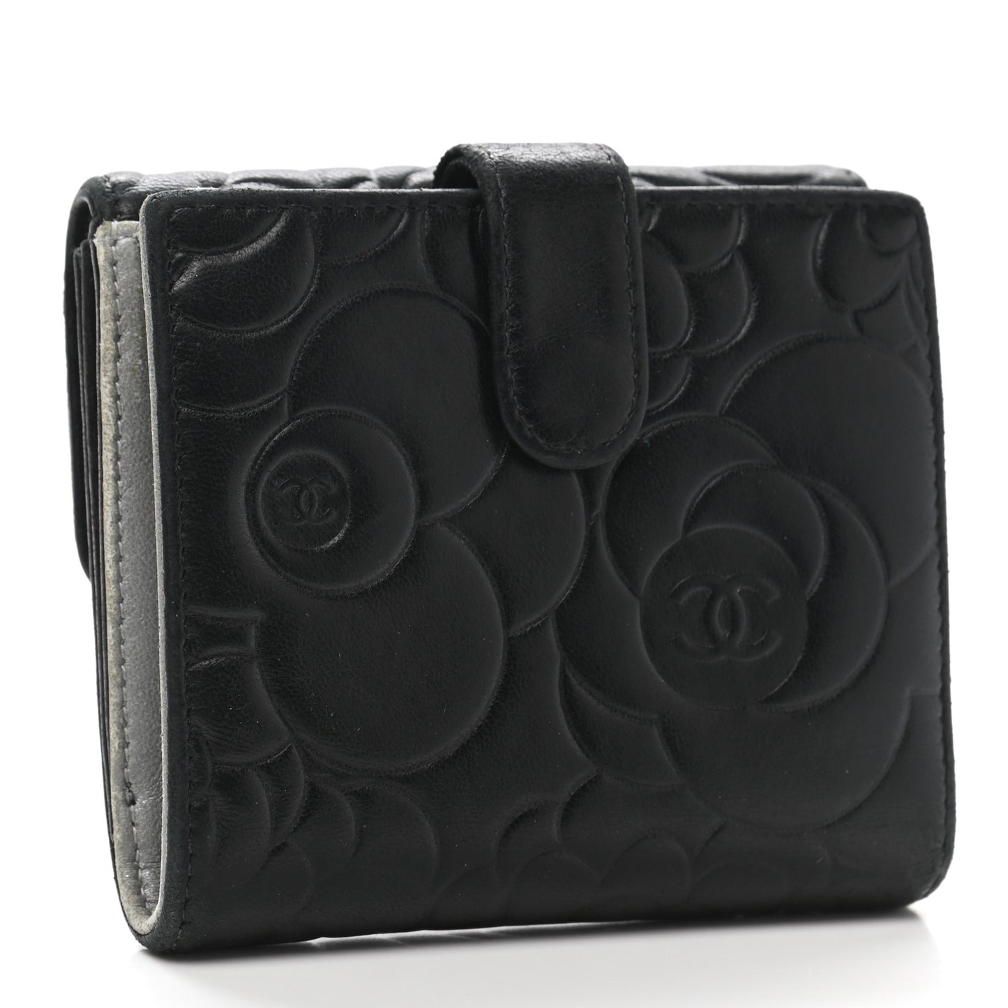 Lambskin Embossed Camellia French Wallet Black