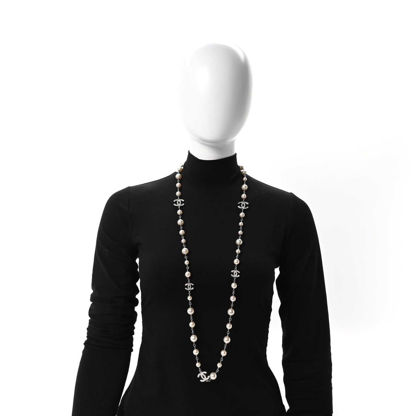 Crystal Pearl CC Long Necklace Silver