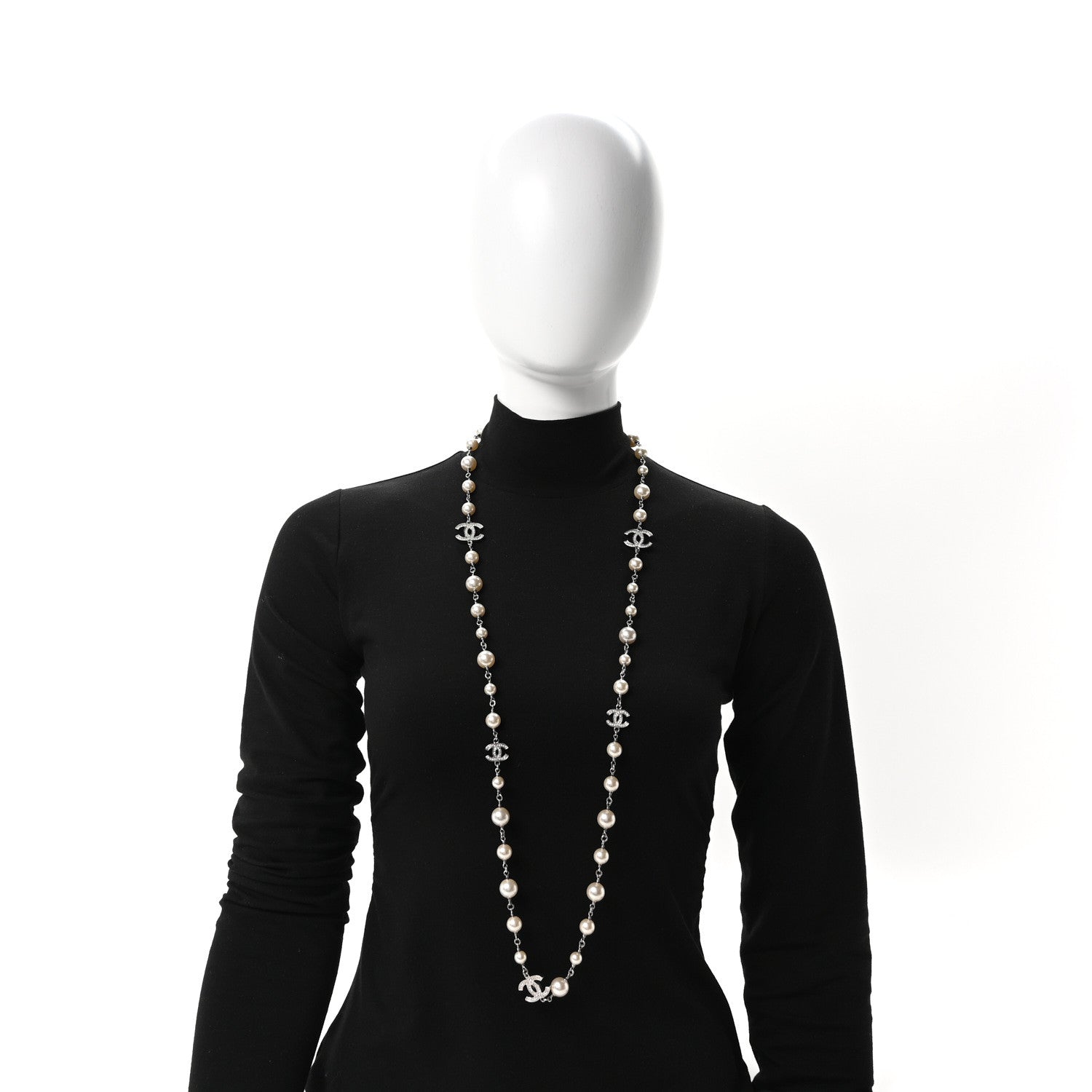 Chanel Crystal Pearl CC Long Necklace Silver 2 of 4