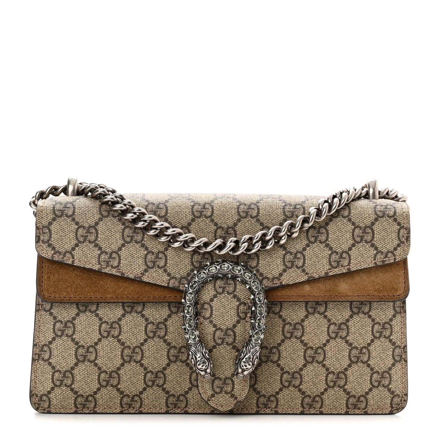 GG Supreme Monogram Suede Crystal Small Dionysus Shoulder Bag Beige Ebony Taupe