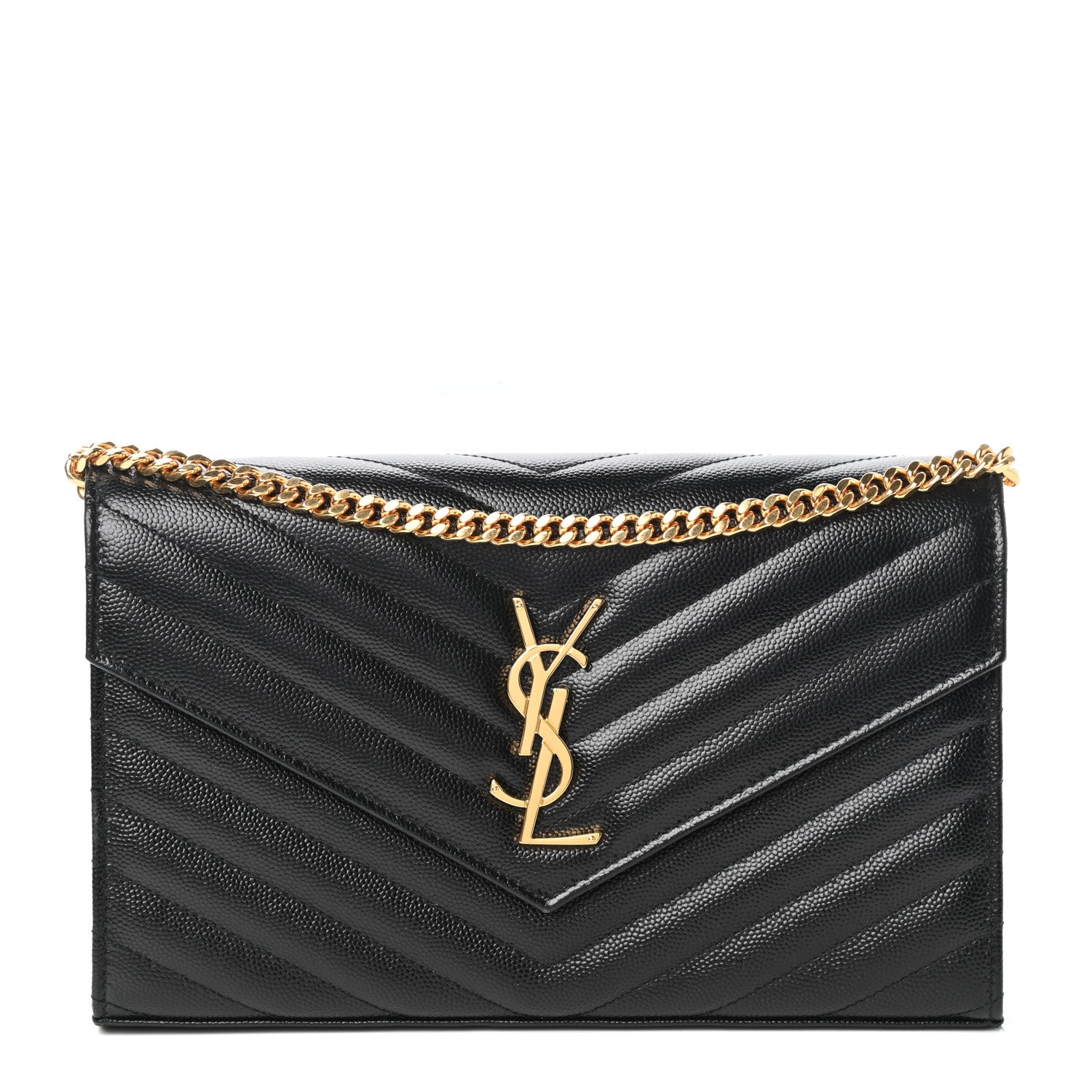 Saint Laurent Grain De Poudre Matelasse Chevron Monogram Chain Wallet Black 1 of 9