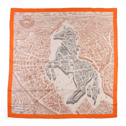 Hermes Cashmere Silk La Cite Cavaliere Shawl 140 Orange Naturel Brun 1 of 4
