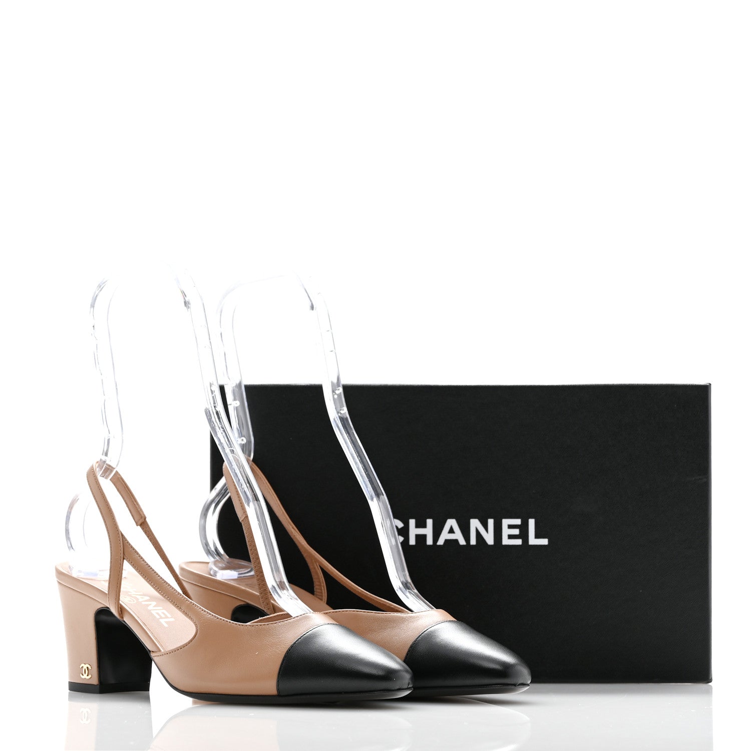 Chanel Lambskin Cap Toe CC Slingback Pumps 39 Dark Beige Black