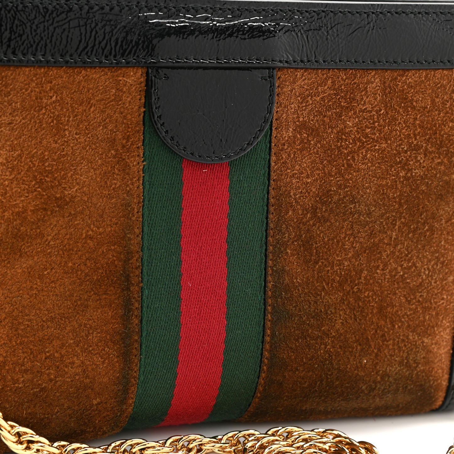 Suede Patent Web Small Ophidia Chain Shoulder Bag Nocciola Black