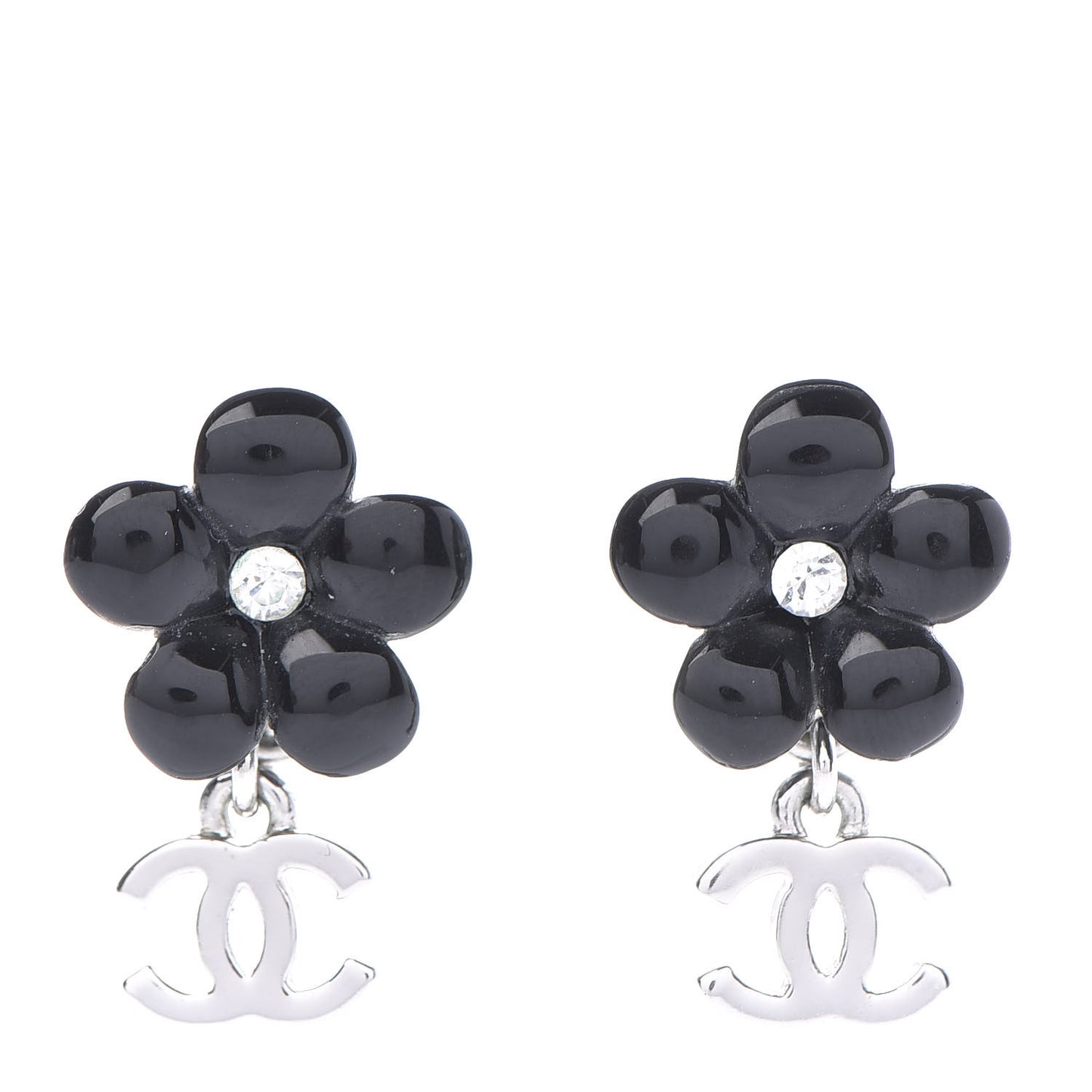 Enamel Crystal CC Camellia Drop Earrings Black