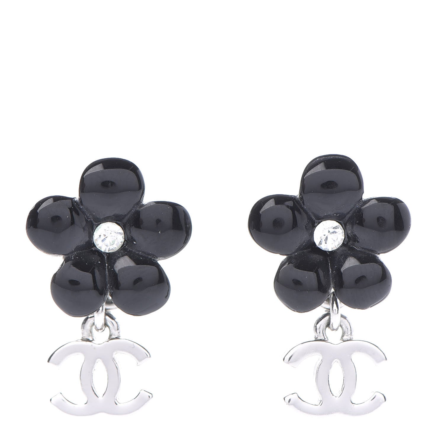 Chanel Enamel Crystal CC Camellia Drop Earrings Black 1 of 4