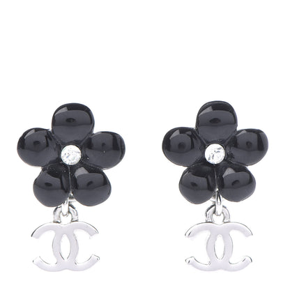 Chanel Enamel Crystal CC Camellia Drop Earrings Black 1 of 4