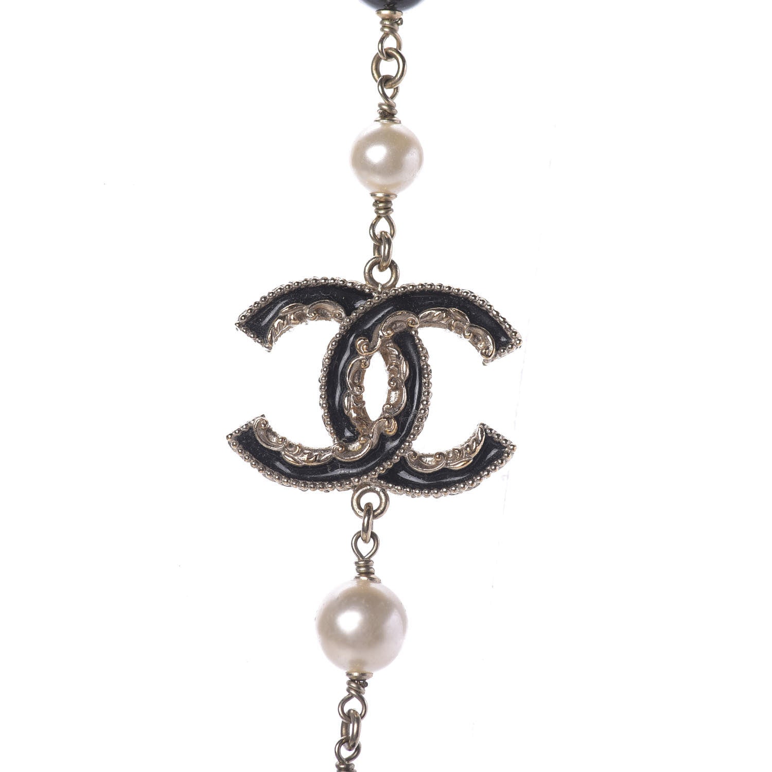Chanel Pearl Bead Enamel CC Long Necklace Black Gold 4 of 10