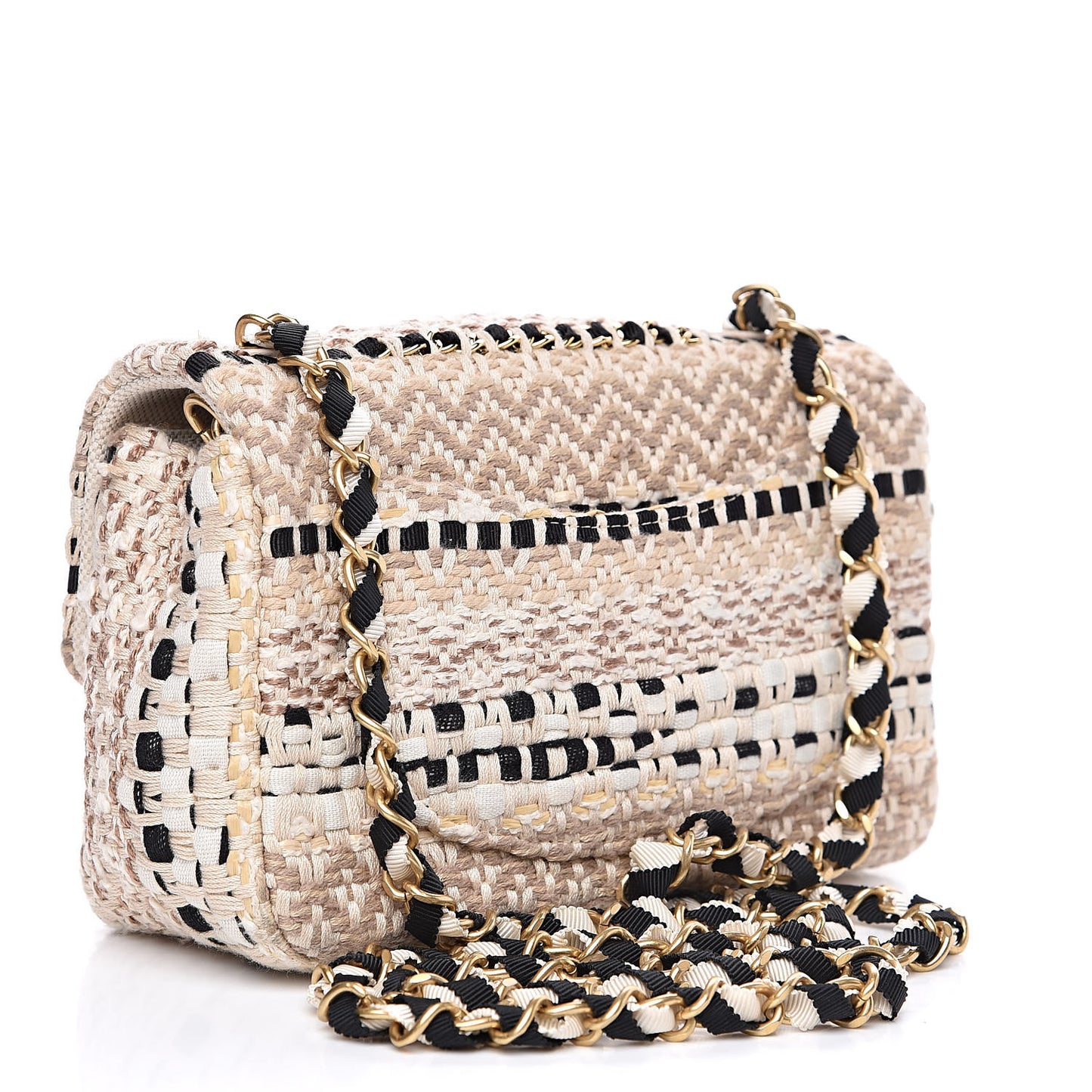 Tweed Chain Braid Mini Flap Beige White Black