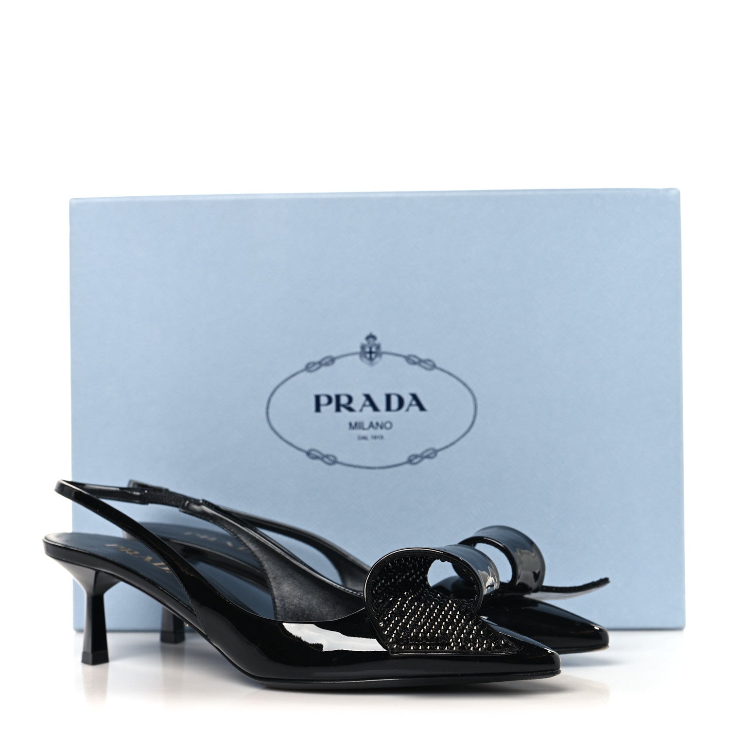 Prada Vernice Crystal Bow Slingback Pumps 39 Black 9 of 9