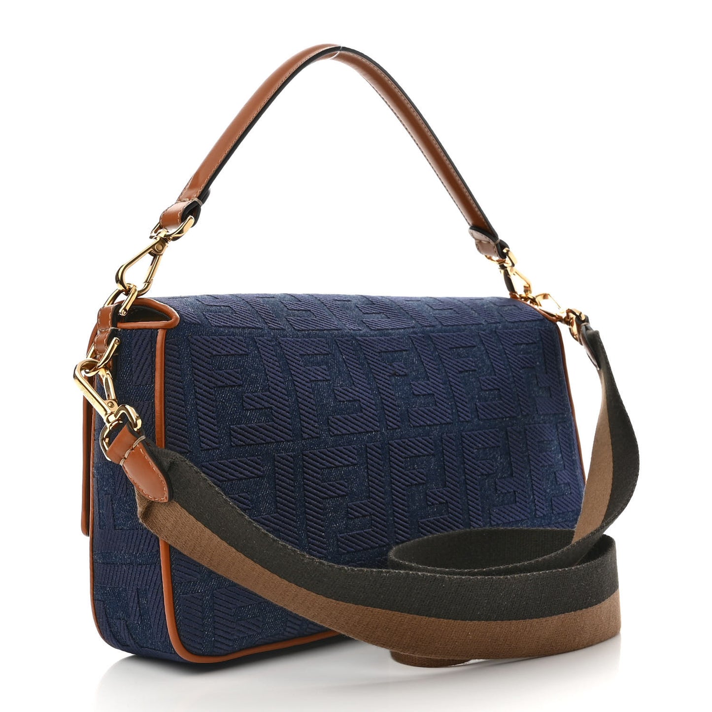 Denim Vitello King FF Embroidered Large Baguette Blue Cuoio