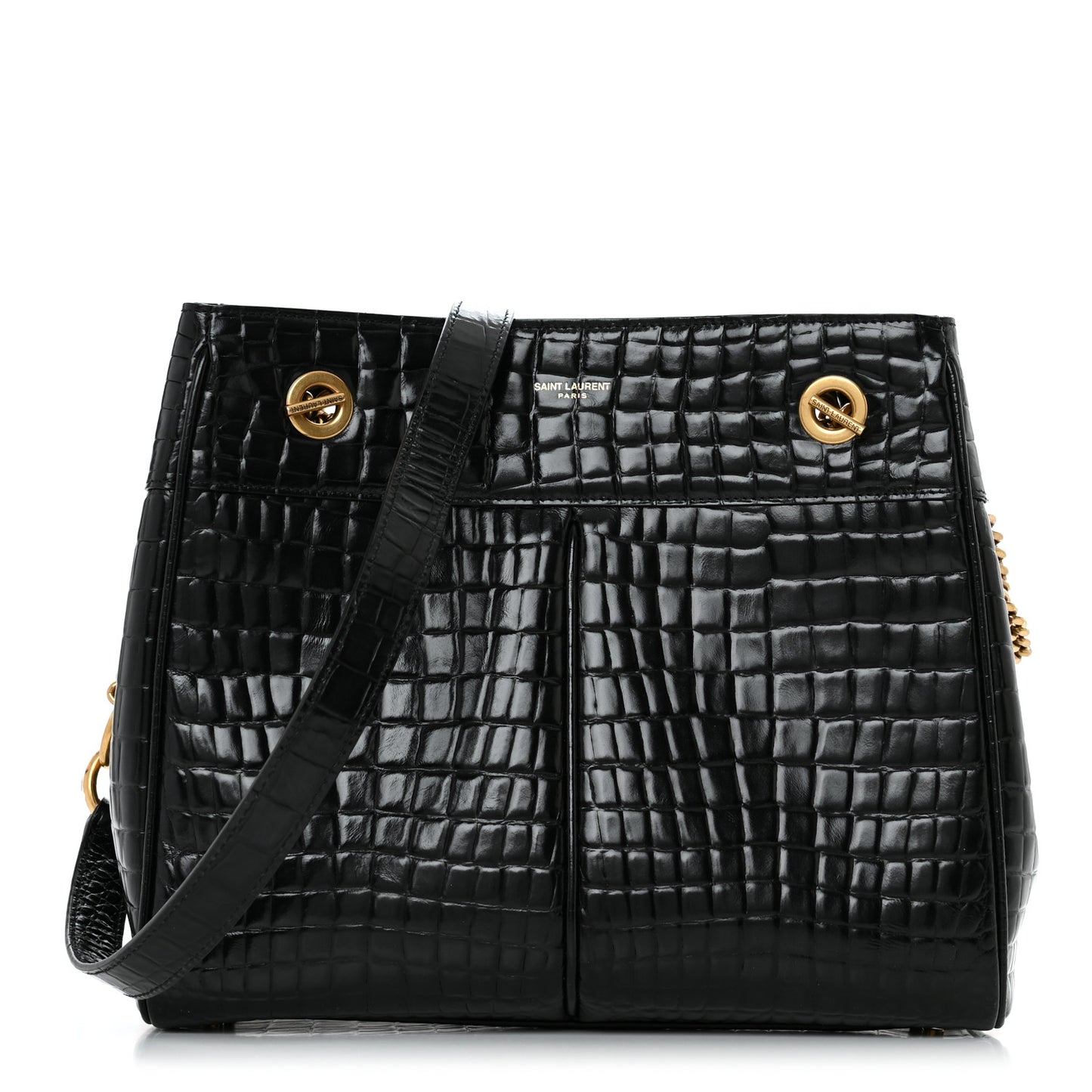 Shiny Calfskin Crocodile Embossed Claude Tote Black