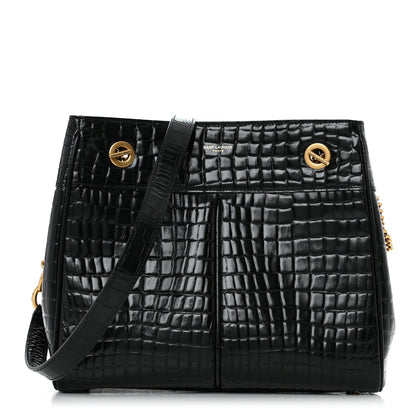 Saint Laurent Shiny Calfskin Crocodile Embossed Claude Tote Black 1 of 12