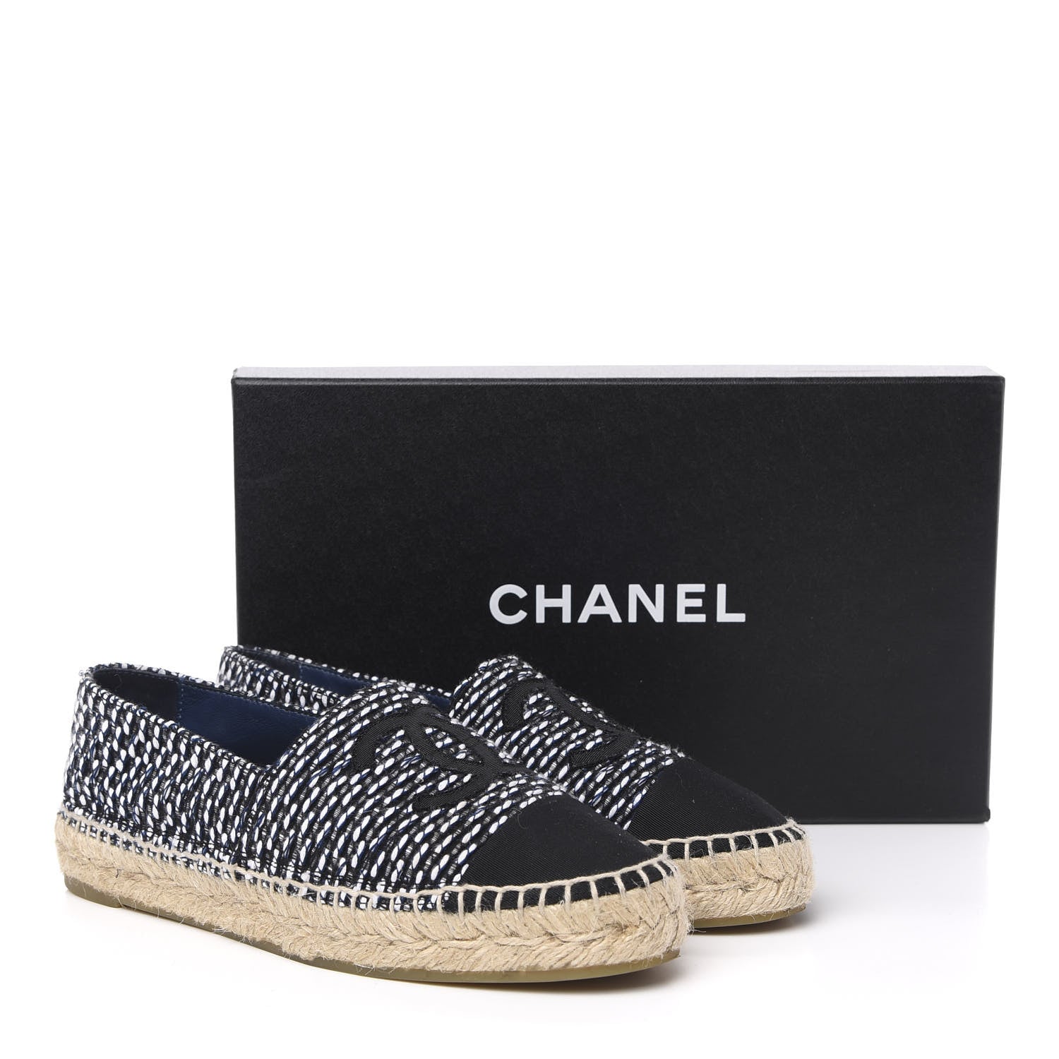Chanel Tweed Grosgrain CC Espadrilles 37 Black Navy White 10 of 10