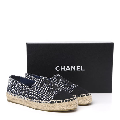 Chanel Tweed Grosgrain CC Espadrilles 37 Black Navy White 10 of 10