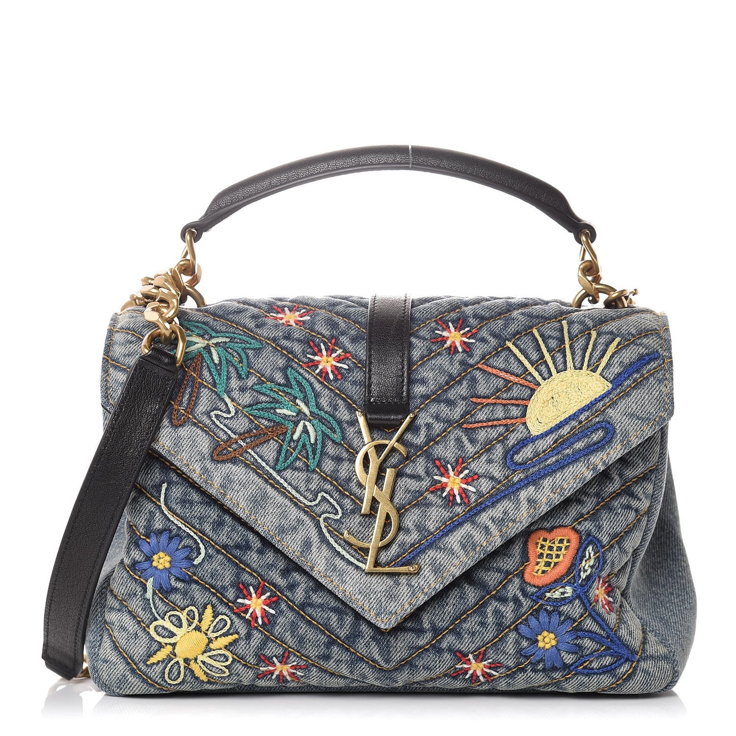 Denim Matelasse Chevron Summer Embroidered Monogram Medium College Bag Blue