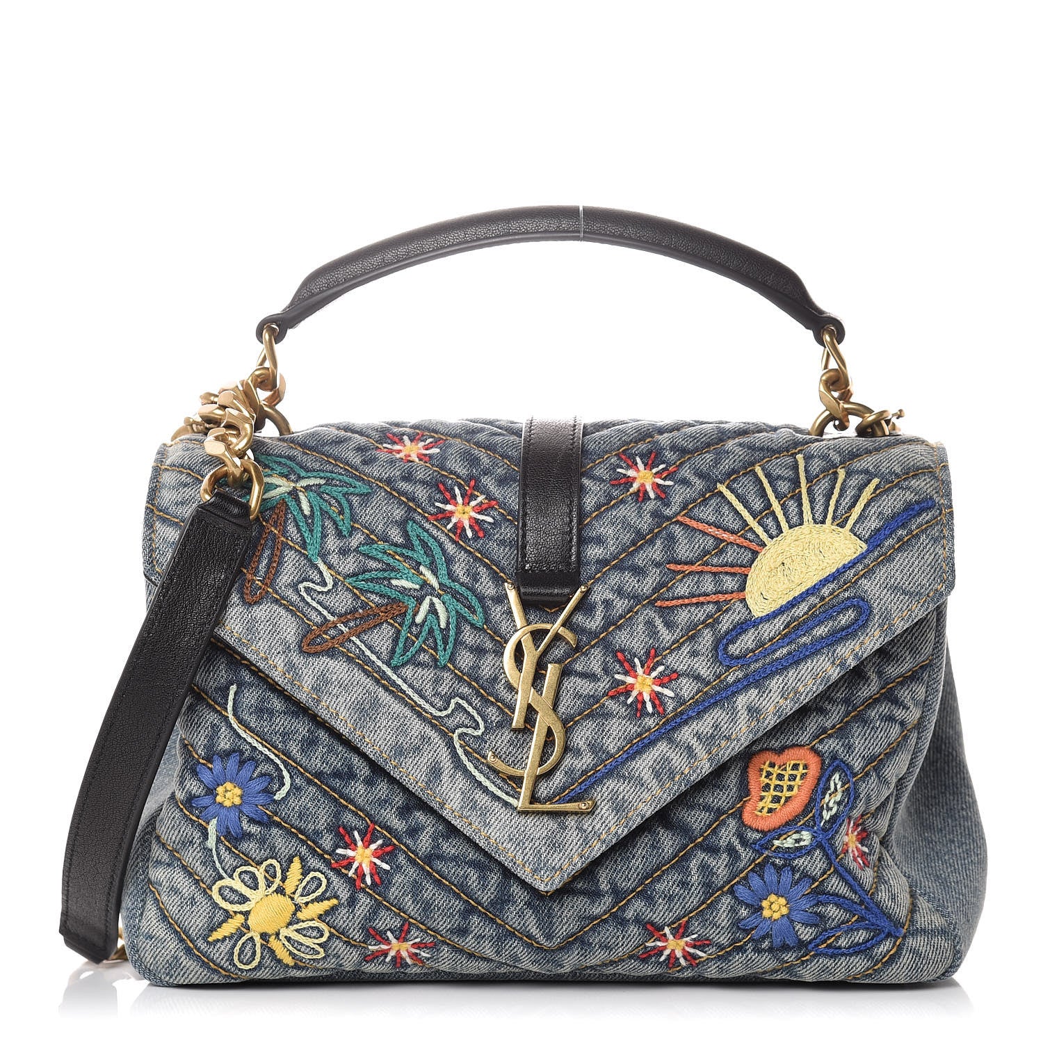 Saint Laurent Denim Matelasse Chevron Summer Embroidered Monogram Medium College Bag Blue 1 of 12