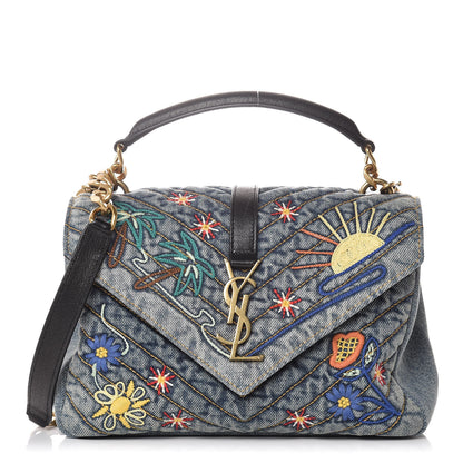 Saint Laurent Denim Matelasse Chevron Summer Embroidered Monogram Medium College Bag Blue 1 of 12