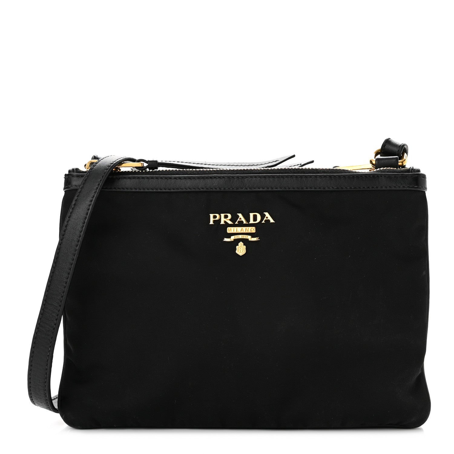 Prada Tessuto Nylon Soft Calf Double Zip Crossbody Bag Black 1 of 11