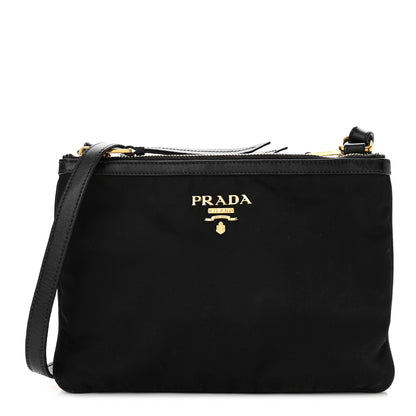 Prada Tessuto Nylon Soft Calf Double Zip Crossbody Bag Black 1 of 11