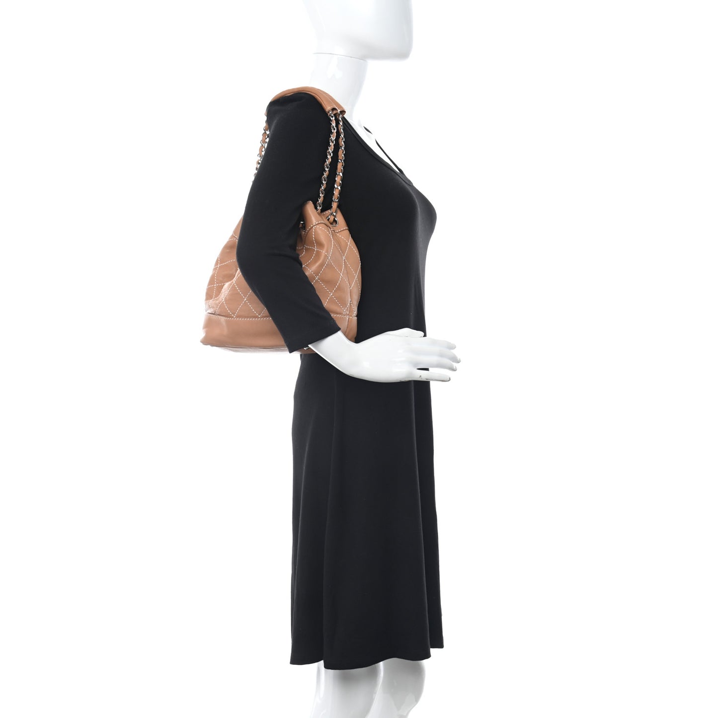 Lambskin Contrast Stitch Small Drawstring Tote Dark Beige
