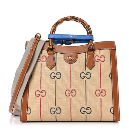Gucci Raffia Monogram GG Jacquard Medium Diana Tote Bag Natural Red Green Modern Blue 1 of 10