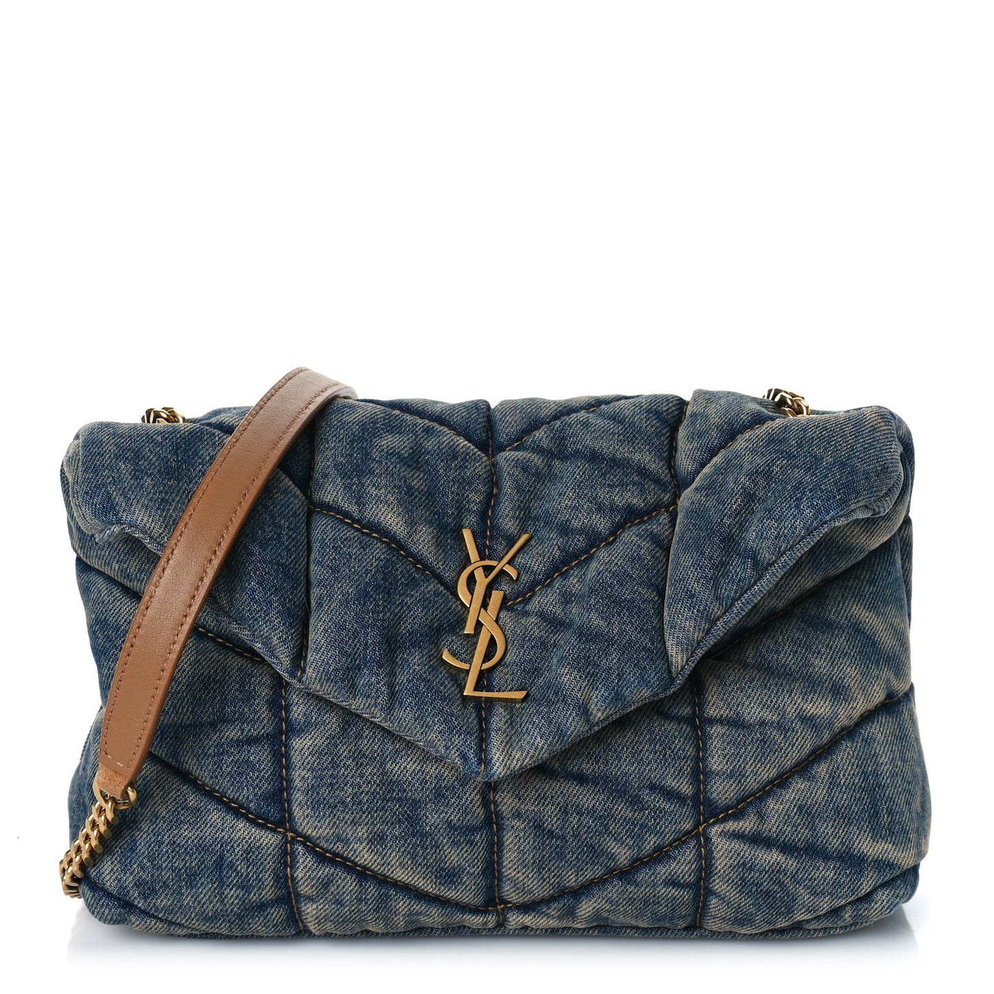 Denim Quilted Toy Loulou Puffer Monogram Chain Satchel Blue Cinnamon