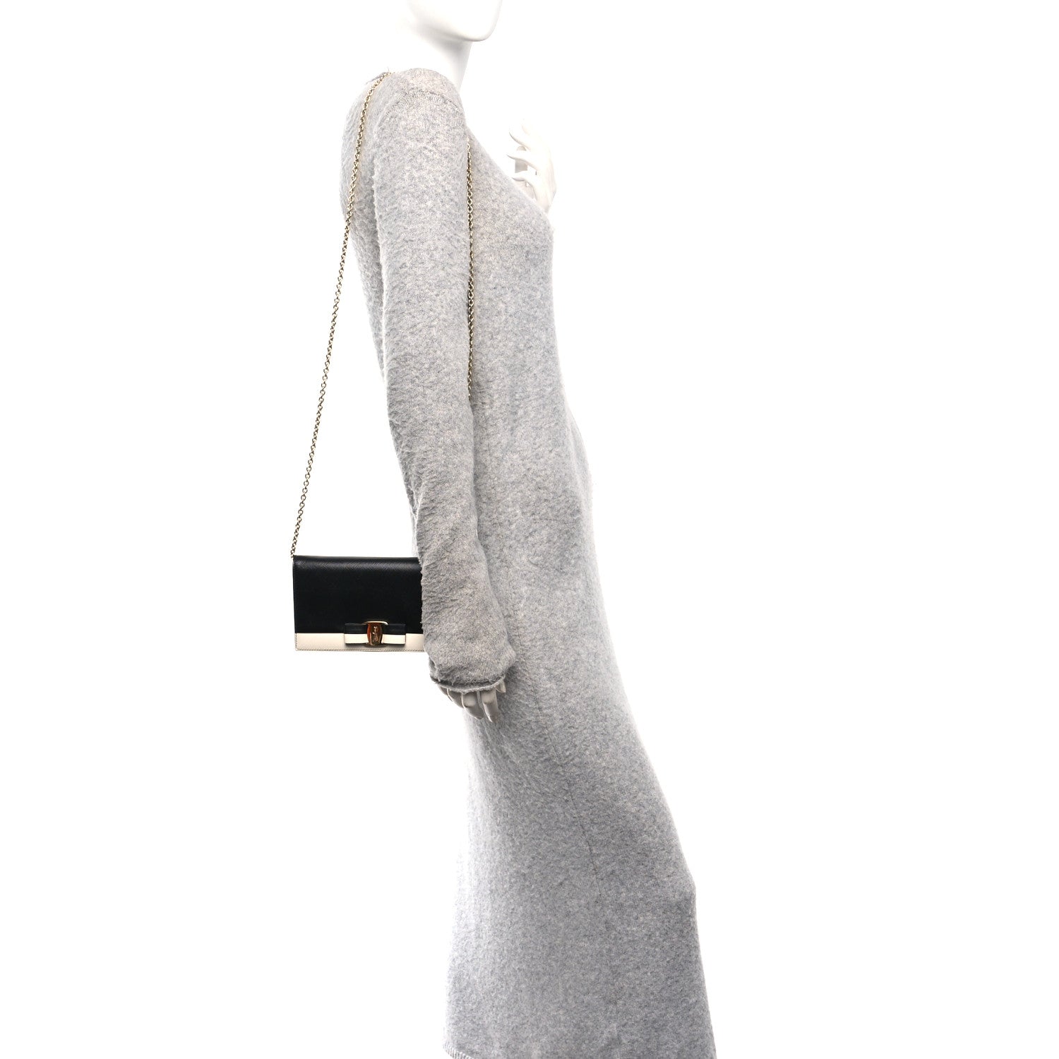 Salvatore Ferragamo Hammered Calfskin Vara Bow Chain Wallet Black White 2 of 11