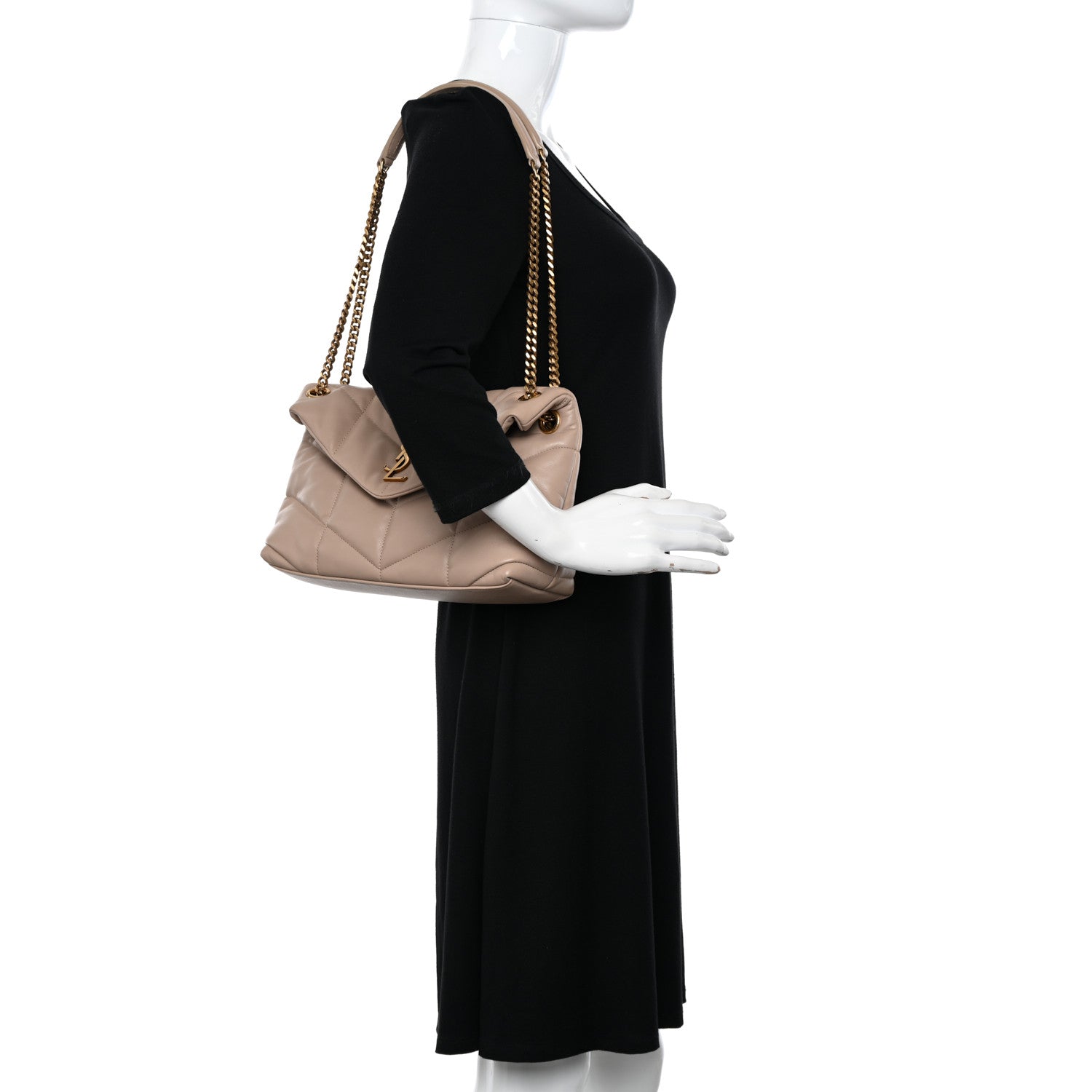 Saint Laurent Lambskin Quilted Small Loulou Puffer Monogram Chain Satchel Dark Beige 2 of 13