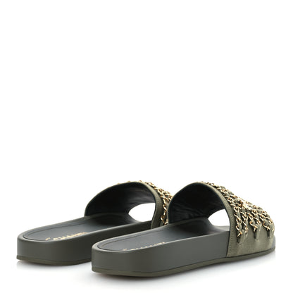 Chanel Canvas Chain Flat Sandals 40 Khaki 5 of 14