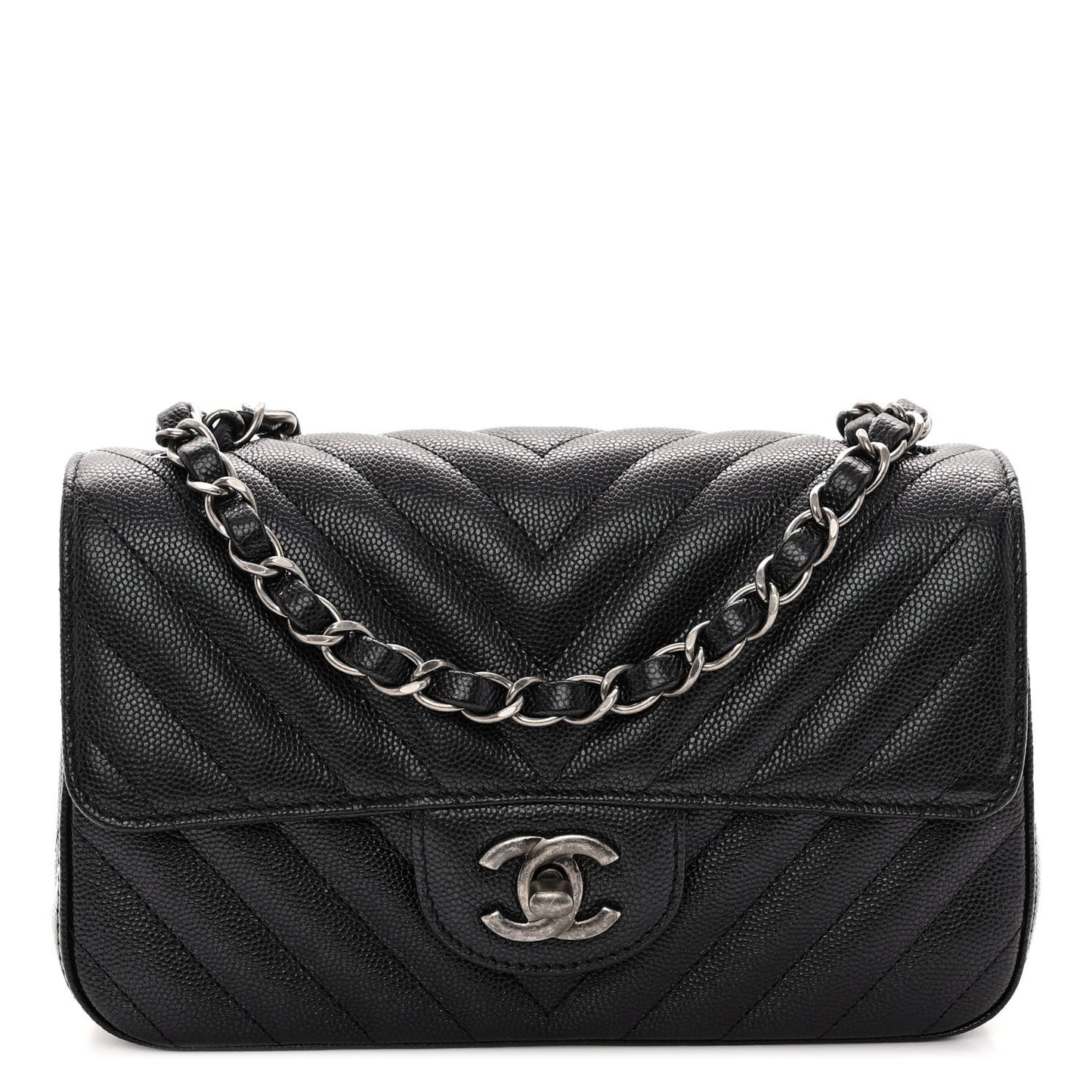 Iridescent Caviar Chevron Quilted Mini Rectangular Flap Black