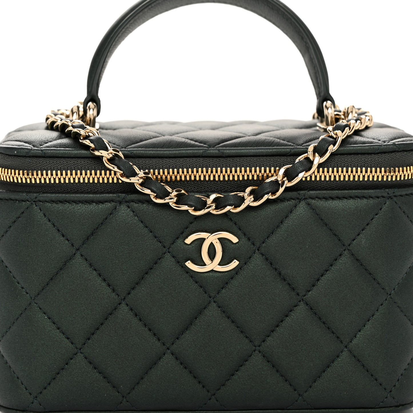 Iridescent Lambskin Quilted Small Top Handle Vanity Case With Chain Green
