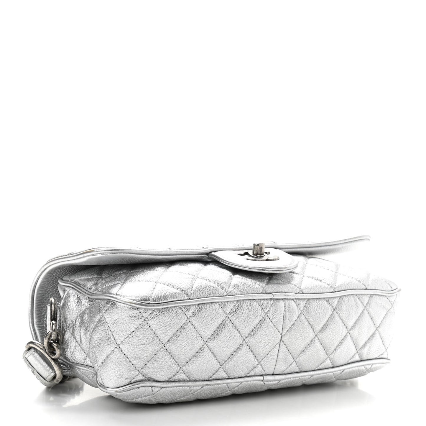 Metallic Grained Calfskin Quilted Small Casual Rock Flap Silver
