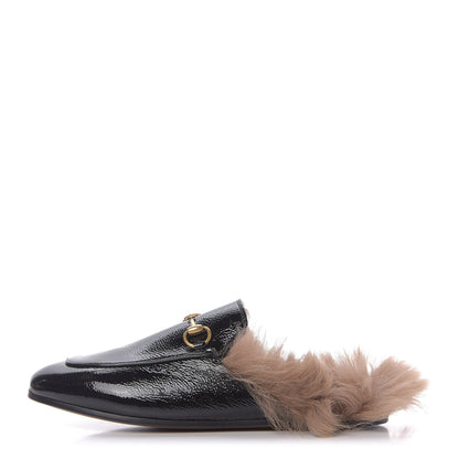 Gucci Patent Fur Womens Princetown Slippers 36.5 Black Natural 1 of 9