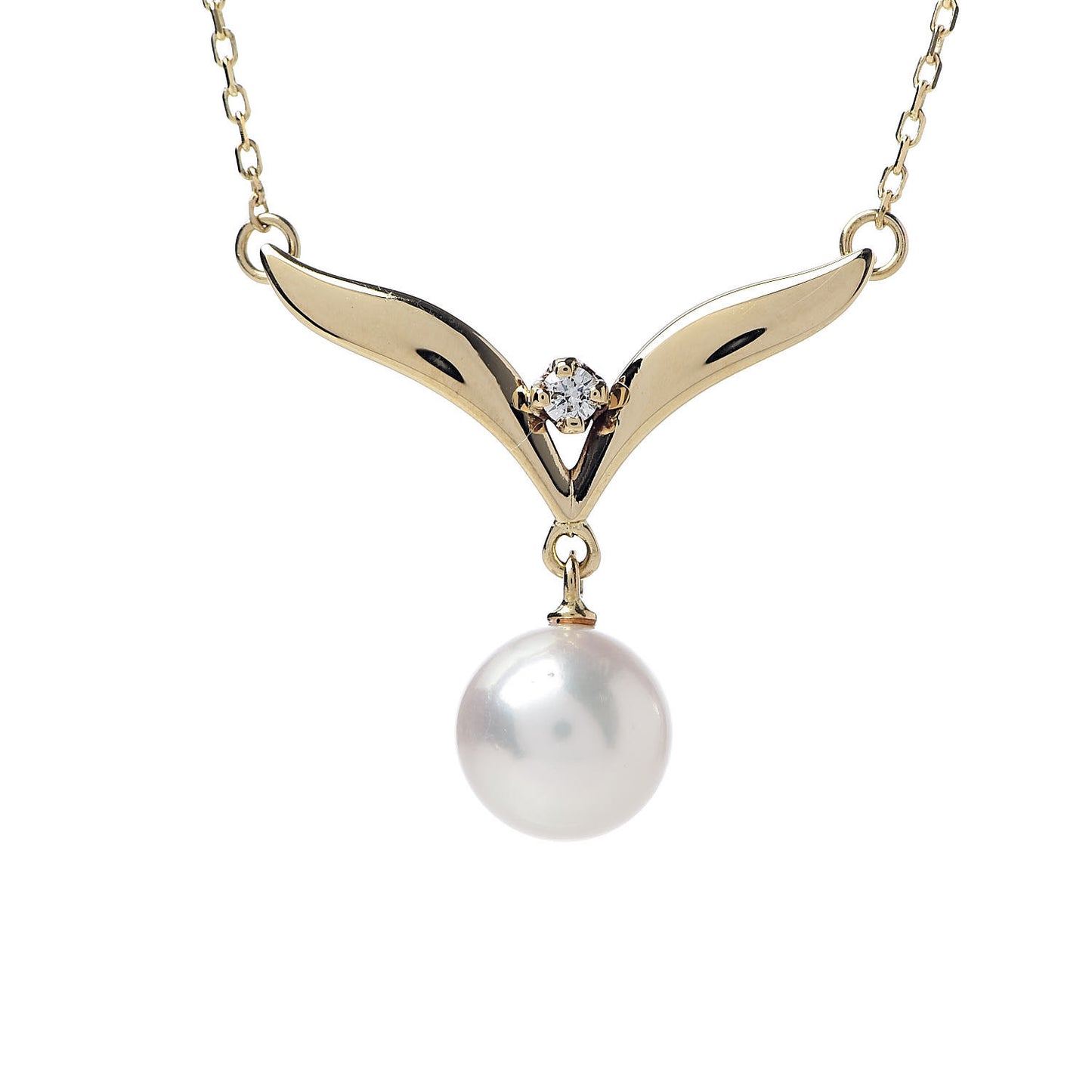 18K Yellow Gold Diamond Akoya Pearl 7.5mm Pendant Necklace