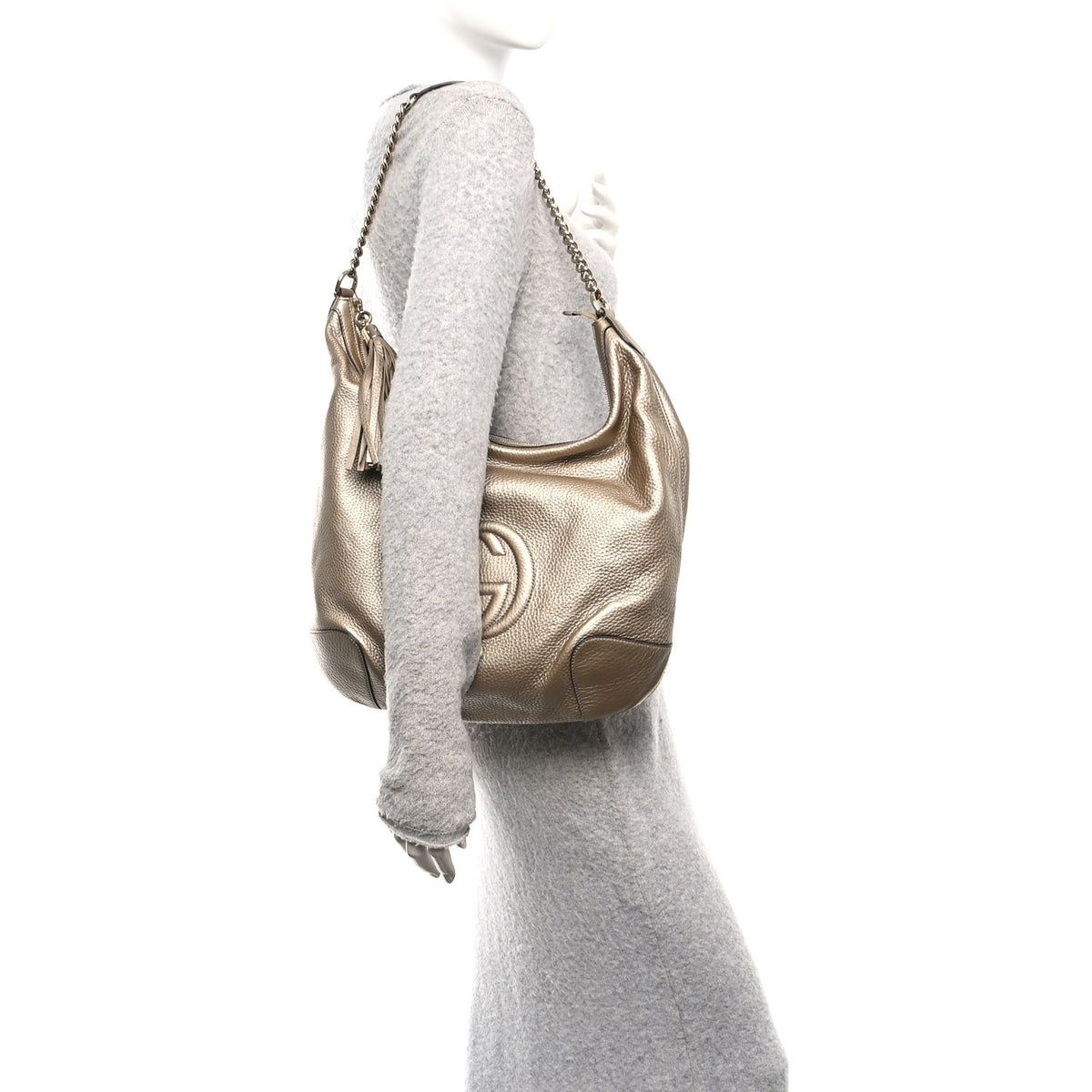 Gucci Metallic Pebbled Calfskin Medium Soho Chain Hobo Golden Beige 2 of 10