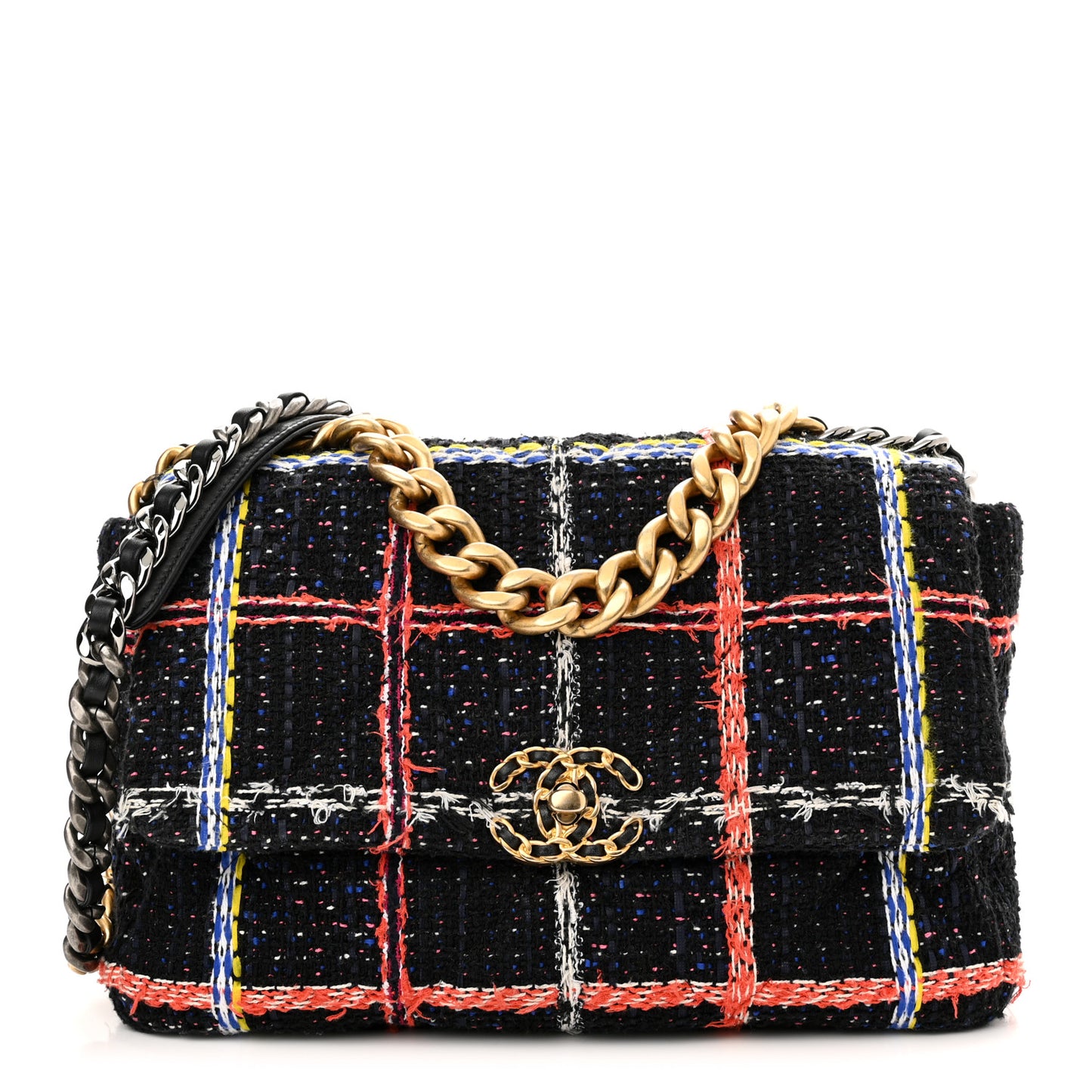 Tweed Quilted Large Chanel 19 Flap Black Orange Blue