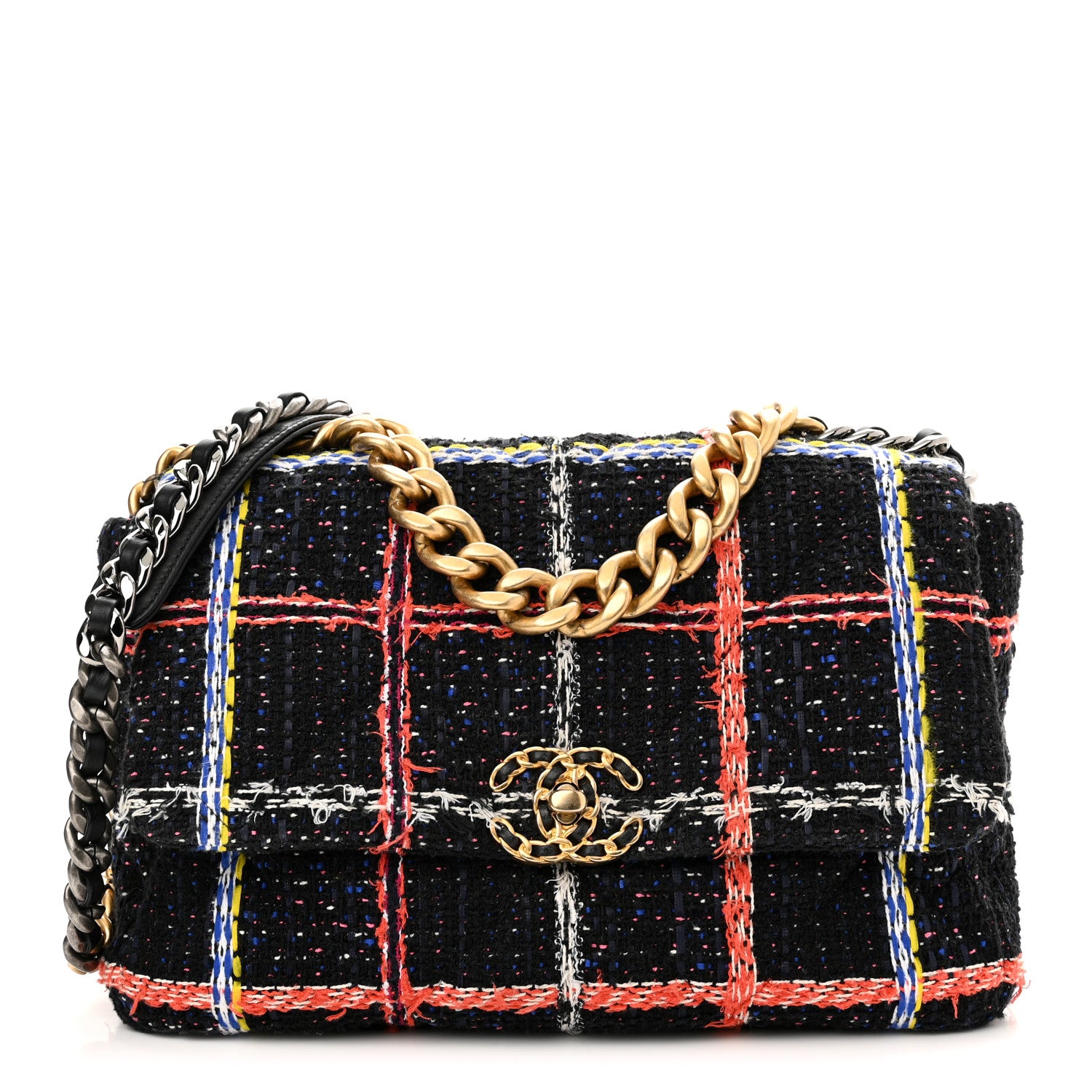 Chanel Tweed Quilted Large Chanel 19 Flap Black Orange Blue 1 of 10