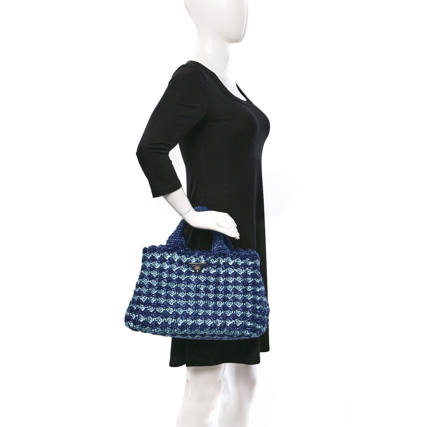 Raffia Crochet Bi-Color Medium Tote Royal Turchese