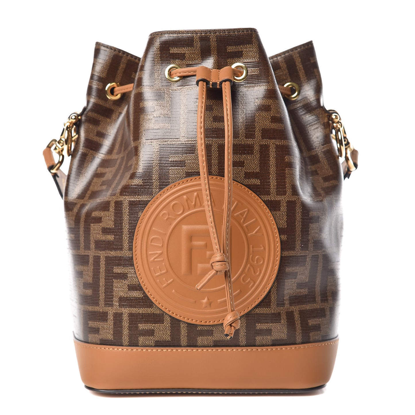 Glazed Fabric Vitello Grace F is Fendi FF 1974 Stamp Patch Grande Mon Tresor Bucket Bag Mogano Panna Nocciola